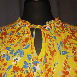 Eclair Yellow Floral Smocked Waist Tie Neck Long Sleeve Peasant Blouse Top S